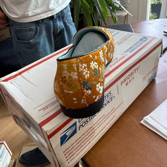 Santimon Men's US 12.5 Orange Floral Embroidery Loafers with Gold Buckle Stylish - Picture 8 of 10